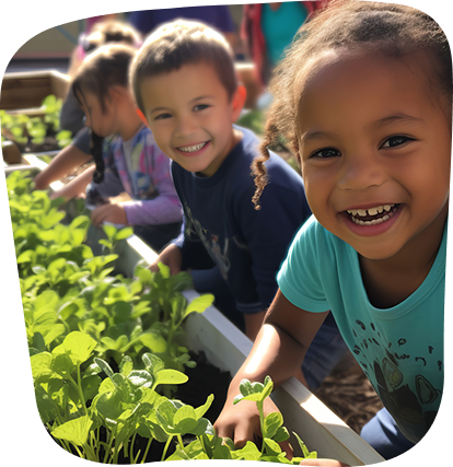 Toddler kids at a community raised bed garden, tending to their plants and flowers with enthusiasm and smiles.