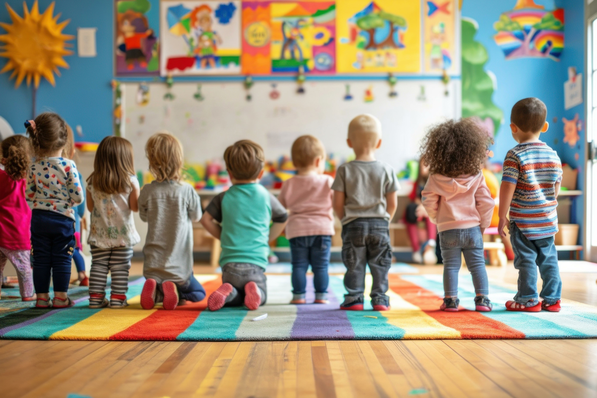 Back view of children in a line at a preschool education setting